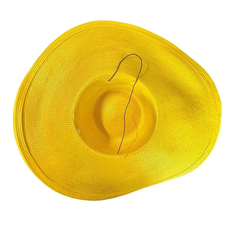 Vintage Yellow Wide Brim Sun Hat Black Faux Leather Trim Floppy‎ Straw Beach Hat